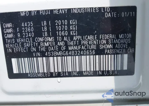 2011 Subaru Legacy 2.5I Premium z USA, uszkodzony, nr VIN 4S3BMBG64B3240656